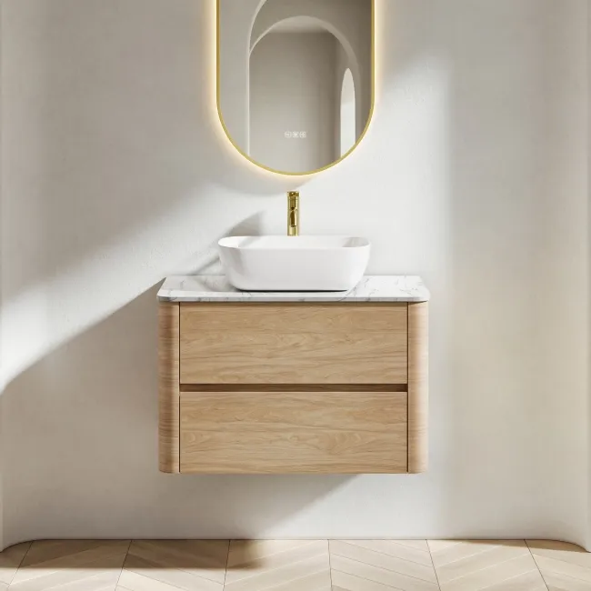 Jerez Country Oak Wall Hung Drawer Vanity with Marble Top & Curved Basin 800mm