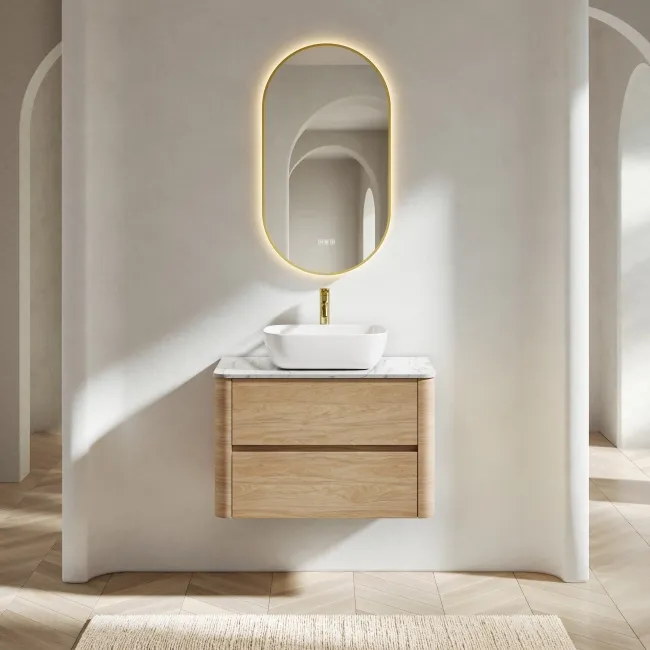 Jerez Country Oak Wall Hung Drawer Vanity with Marble Top & Curved Basin 800mm