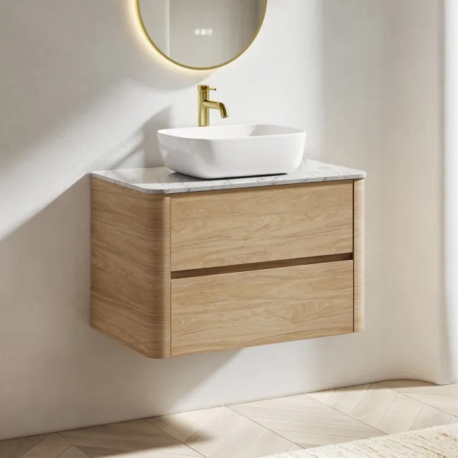 Jerez Country Oak Wall Hung Drawer Vanity with Marble Top & Curved Basin 800mm