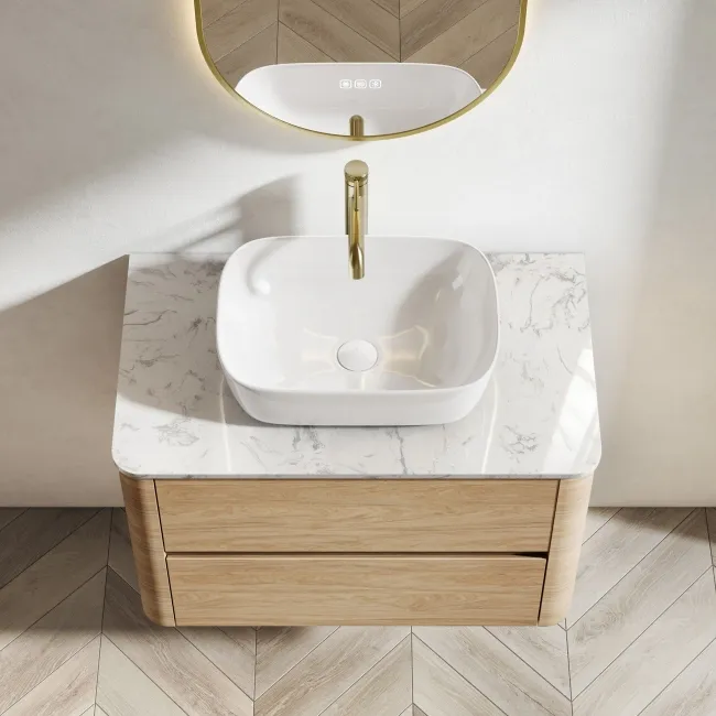 Jerez Country Oak Wall Hung Drawer Vanity with Marble Top & Curved Basin 800mm