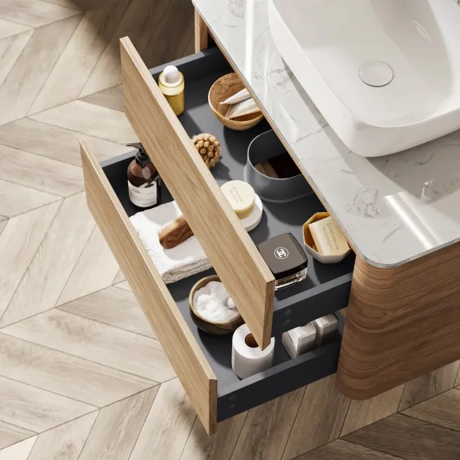 Jerez Country Oak Wall Hung Drawer Vanity with Marble Top & Curved Basin 800mm