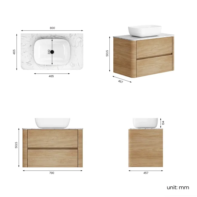 Jerez Country Oak Wall Hung Drawer Vanity with Marble Top & Curved Basin 800mm