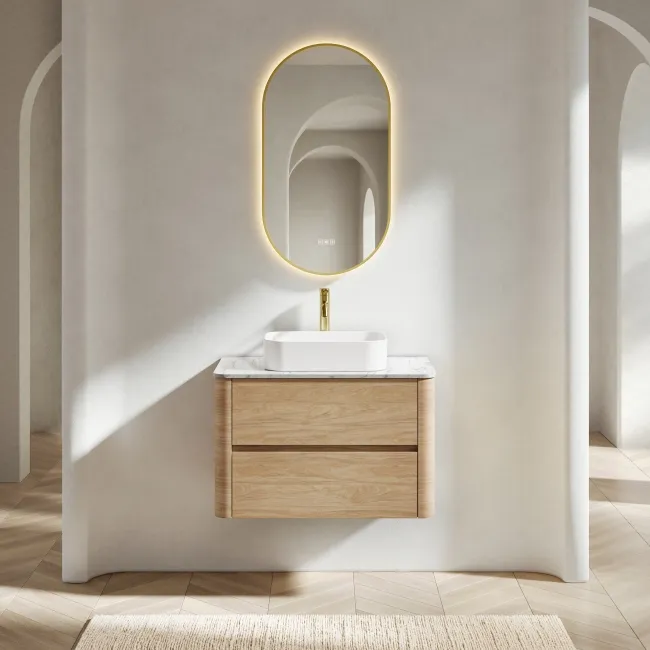 Jerez Country Oak Wall Hung Drawer Vanity with Marble Top & Marin Basin 800mm