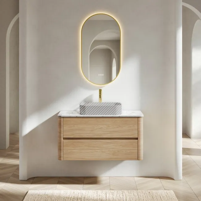 Jerez Country Oak Wall Hung Drawer Vanity with Marble Top 1000mm - Excludes Basin