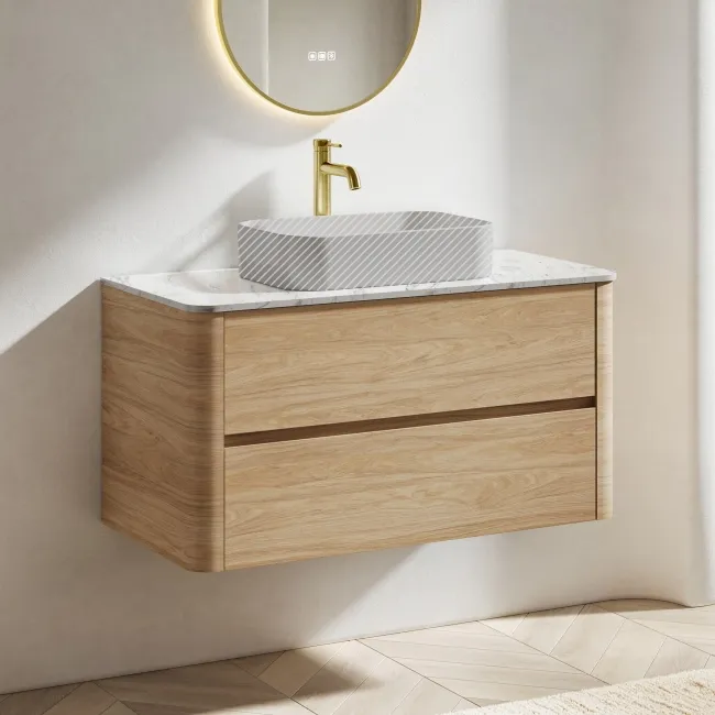 Jerez Country Oak Wall Hung Drawer Vanity with Marble Top 1000mm - Excludes Basin