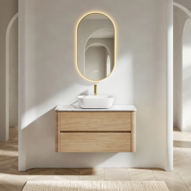 Jerez Country Oak Wall Hung Drawer Vanity with Marble Top & Curved Basin 1000mm