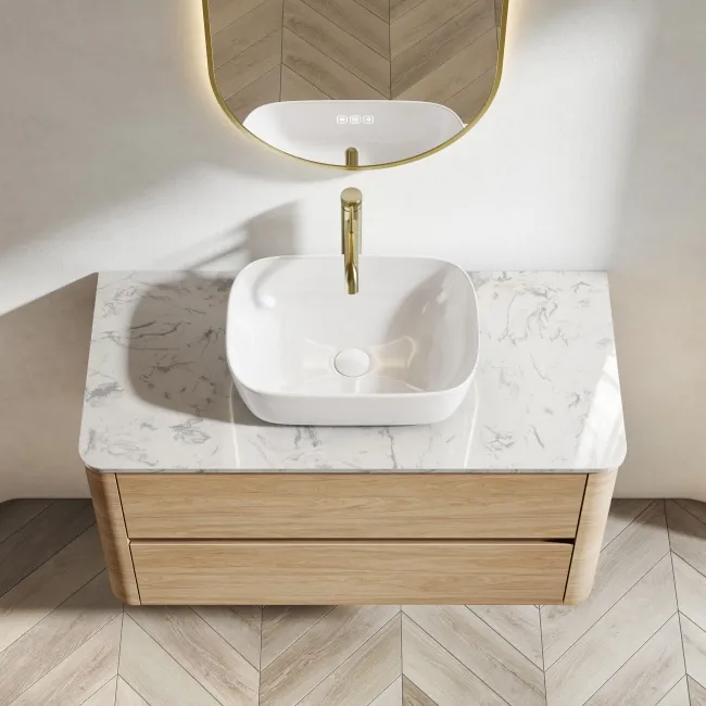 Jerez Country Oak Wall Hung Drawer Vanity with Marble Top & Curved Basin 1000mm
