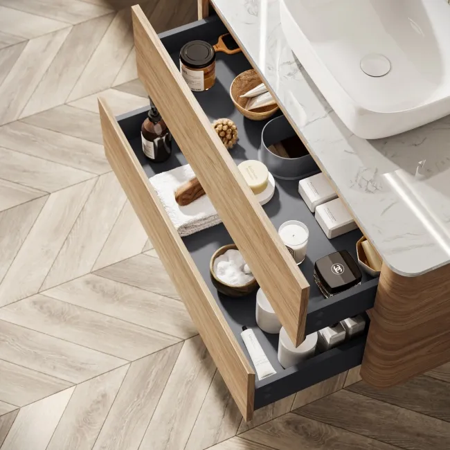 Jerez Country Oak Wall Hung Drawer Vanity with Marble Top & Curved Basin 1000mm