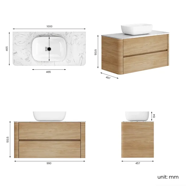 Jerez Country Oak Wall Hung Drawer Vanity with Marble Top & Curved Basin 1000mm