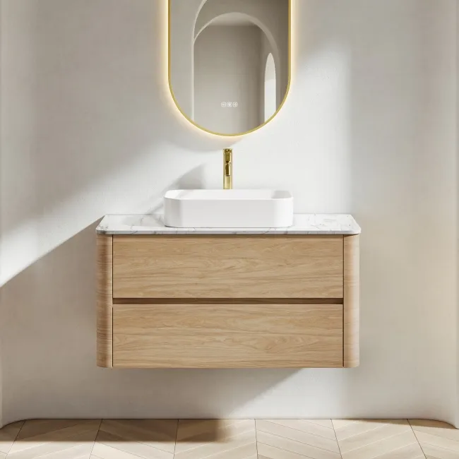 Jerez Country Oak Wall Hung Drawer Vanity with Marble Top & Marin Basin 1000mm