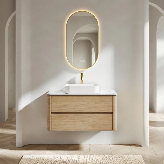 Jerez Country Oak Wall Hung Drawer Vanity with Marble Top & Marin Basin 1000mm