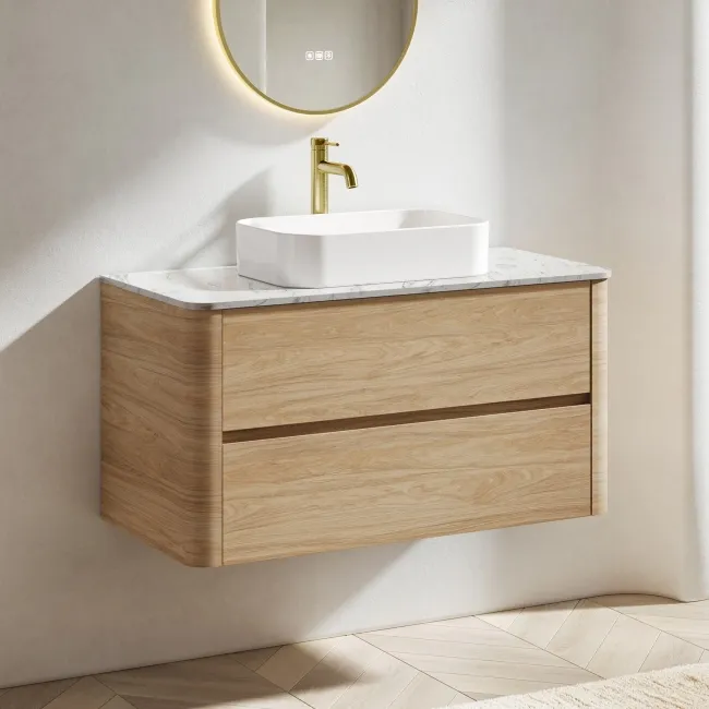 Jerez Country Oak Wall Hung Drawer Vanity with Marble Top & Marin Basin 1000mm
