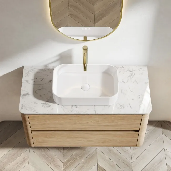 Jerez Country Oak Wall Hung Drawer Vanity with Marble Top & Marin Basin 1000mm