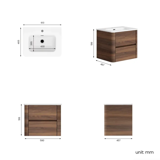 Jerez Black Walnut Wall Hung Basin Drawer Vanity 600mm