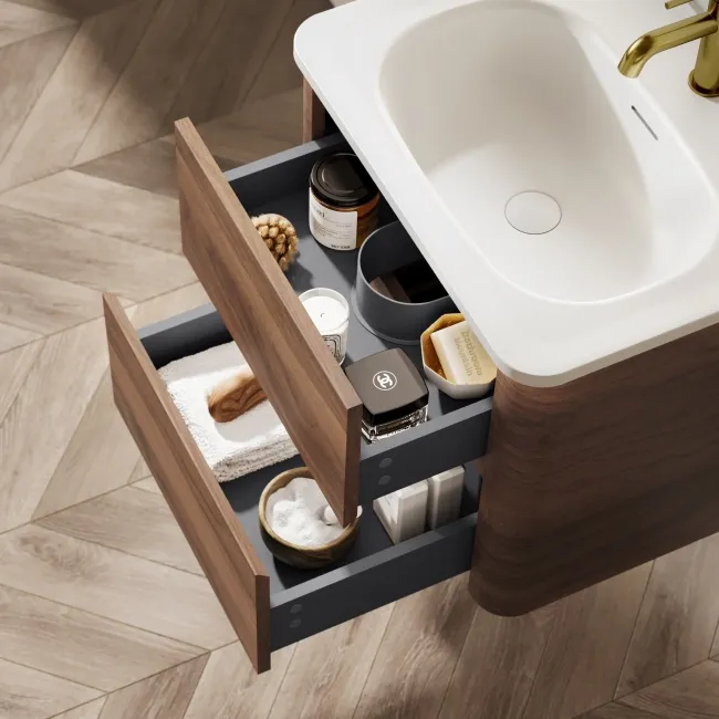 Jerez Black Walnut Wall Hung Drawer Vanity with Matt White Basin 600mm
