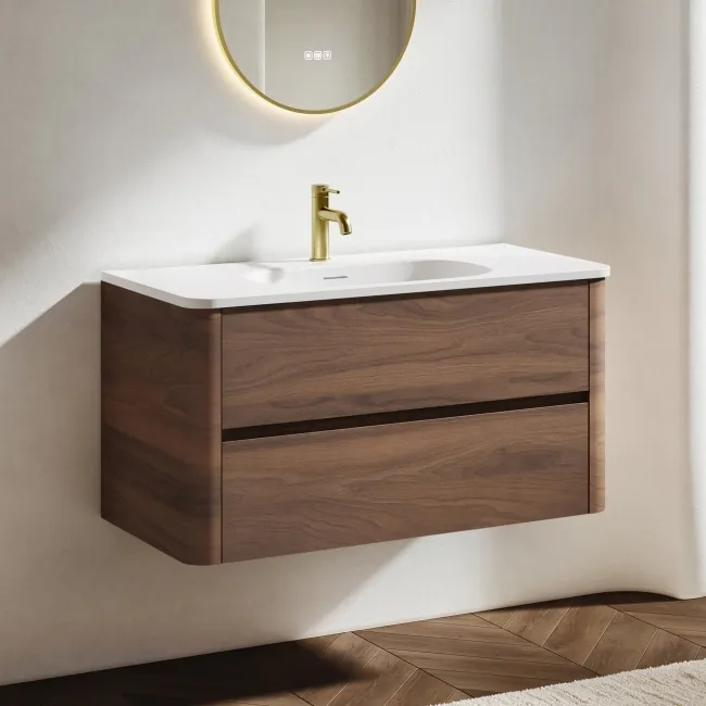 Jerez Black Walnut Wall Hung Drawer Vanity with Matt White Basin 1000mm