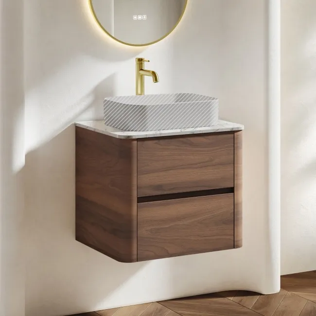Jerez Black Walnut Wall Hung Drawer Vanity with Marble Top 600mm - Excludes Basin