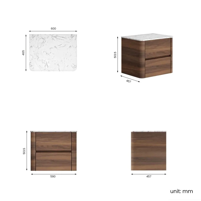 Jerez Black Walnut Wall Hung Drawer Vanity with Marble Top 600mm - Excludes Basin
