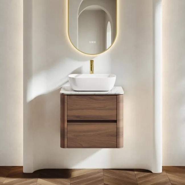 Jerez Black Walnut Wall Hung Drawer Vanity with Marble Top & Curved Basin 600mm