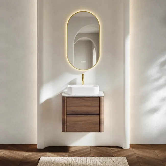 Jerez Black Walnut Wall Hung Drawer Vanity with Marble Top & Marin Basin 600mm