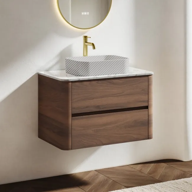 Jerez Black Walnut Wall Hung Drawer Vanity with Marble Top 800mm - Excludes Basin
