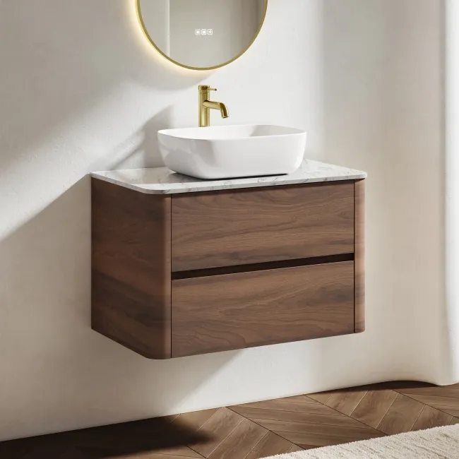 Jerez Black Walnut Wall Hung Drawer Vanity with Marble Top & Curved Basin 800mm