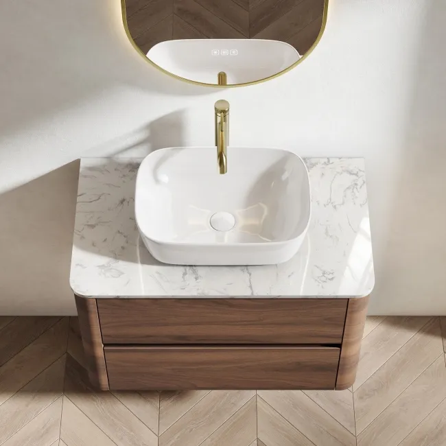 Jerez Black Walnut Wall Hung Drawer Vanity with Marble Top & Curved Basin 800mm