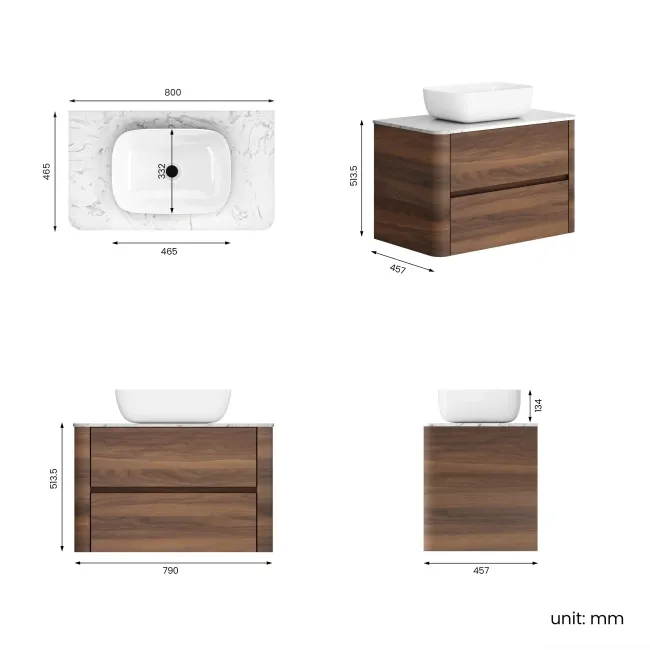 Jerez Black Walnut Wall Hung Drawer Vanity with Marble Top & Curved Basin 800mm