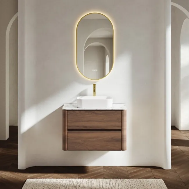 Jerez Black Walnut Wall Hung Drawer Vanity with Marble Top & Marin Basin 800mm