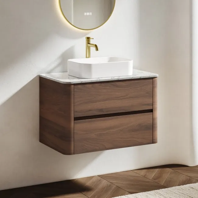 Jerez Black Walnut Wall Hung Drawer Vanity with Marble Top & Marin Basin 800mm