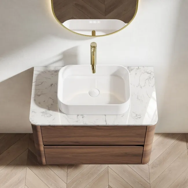 Jerez Black Walnut Wall Hung Drawer Vanity with Marble Top & Marin Basin 800mm
