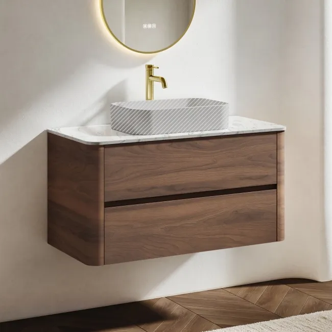 Jerez Black Walnut Wall Hung Drawer Vanity with Marble Top 1000mm - Excludes Basin
