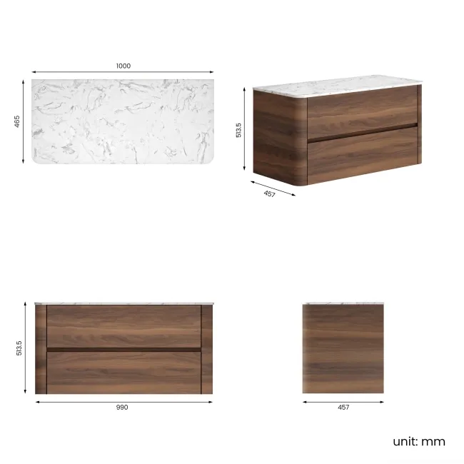 Jerez Black Walnut Wall Hung Drawer Vanity with Marble Top 1000mm - Excludes Basin