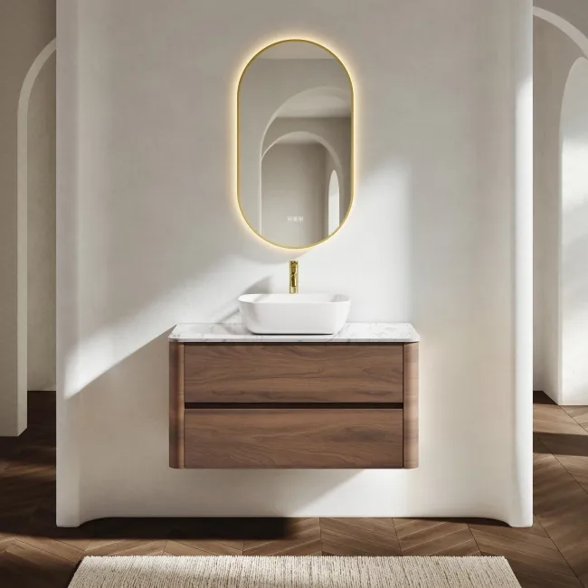 Jerez Black Walnut Wall Hung Drawer Vanity with Marble Top & Curved Basin 1000mm