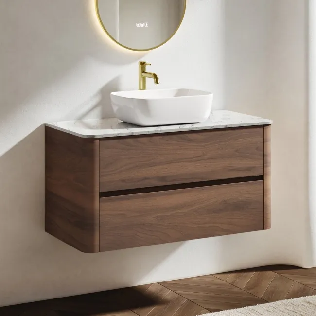 Jerez Black Walnut Wall Hung Drawer Vanity with Marble Top & Curved Basin 1000mm