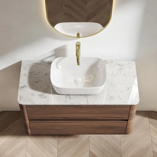 Jerez Black Walnut Wall Hung Drawer Vanity with Marble Top & Curved Basin 1000mm