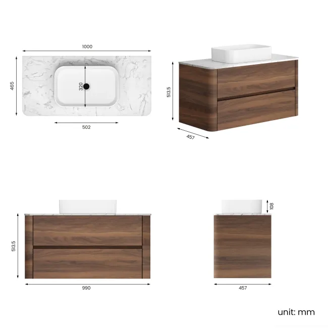 Jerez Black Walnut Wall Hung Drawer Vanity with Marble Top & Marin Basin 1000mm