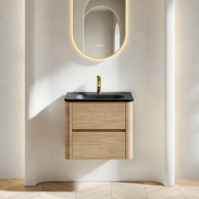 Jerez Country Oak Wall Hung Drawer Vanity with Black Basin 600mm