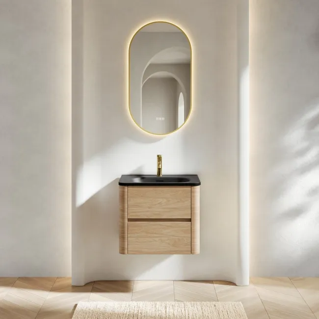 Jerez Country Oak Wall Hung Drawer Vanity with Black Basin 600mm
