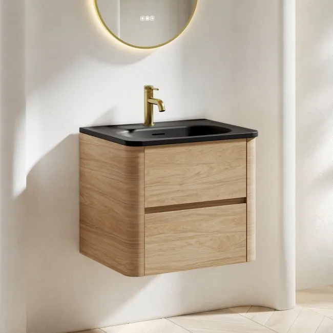 Jerez Country Oak Wall Hung Drawer Vanity with Black Basin 600mm