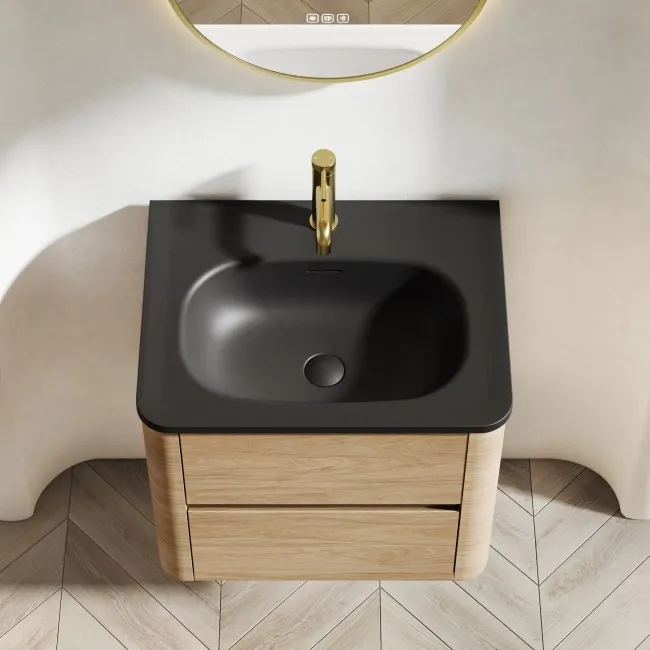 Jerez Country Oak Wall Hung Drawer Vanity with Black Basin 600mm