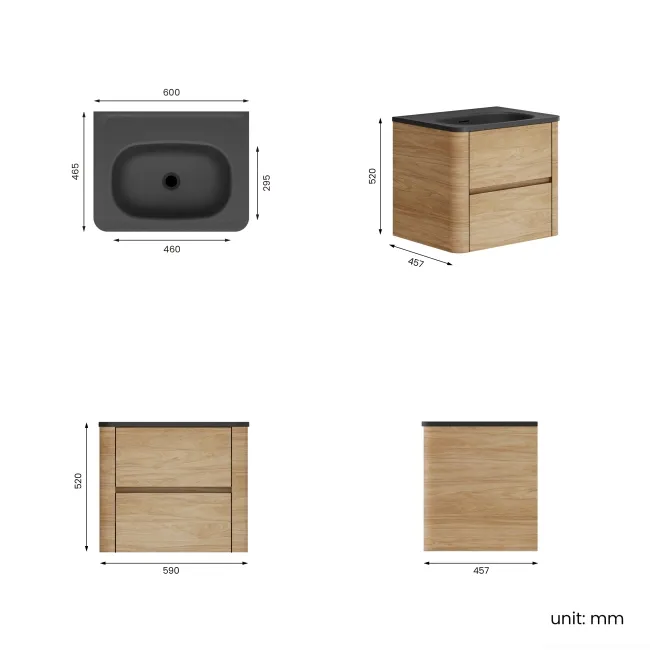 Jerez Country Oak Wall Hung Drawer Vanity with Black Basin 600mm