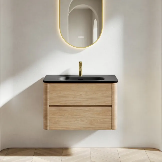 Jerez Country Oak Wall Hung Drawer Vanity with Black Basin 800mm