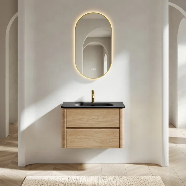 Jerez Country Oak Wall Hung Drawer Vanity with Black Basin 800mm