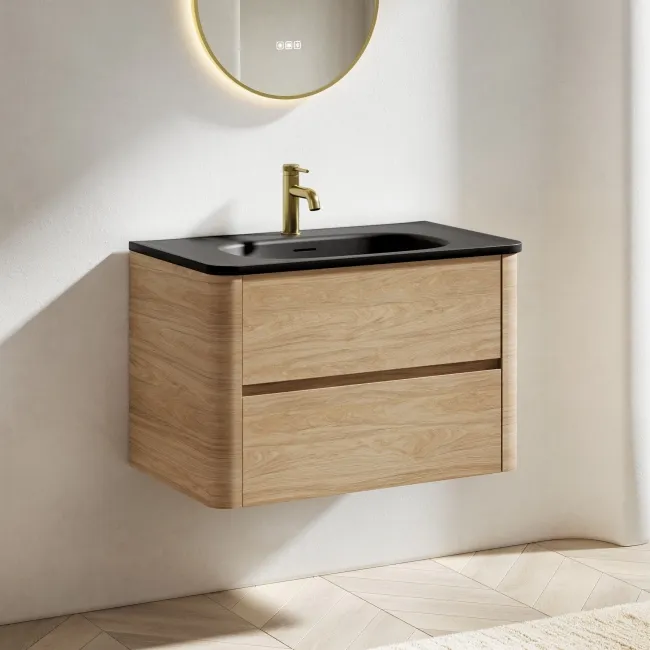 Jerez Country Oak Wall Hung Drawer Vanity with Black Basin 800mm