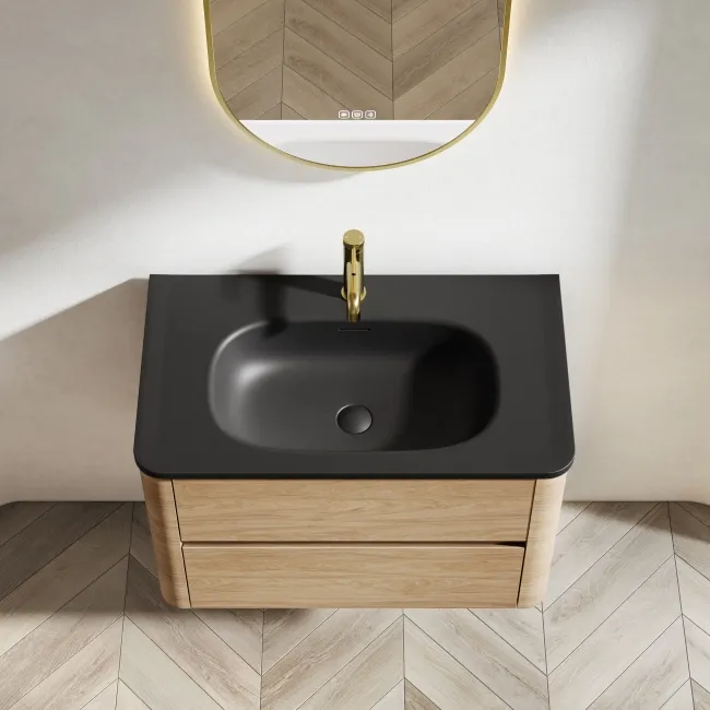Jerez Country Oak Wall Hung Drawer Vanity with Black Basin 800mm