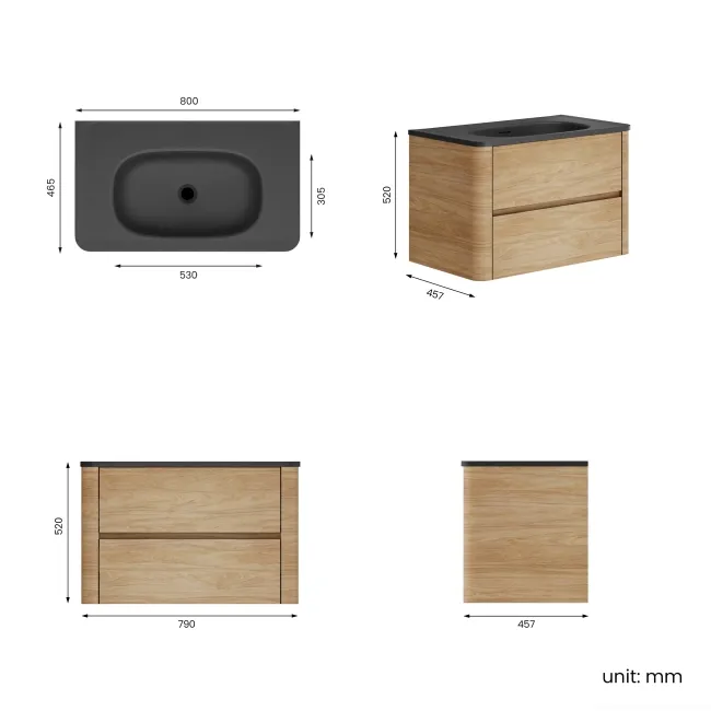 Jerez Country Oak Wall Hung Drawer Vanity with Black Basin 800mm