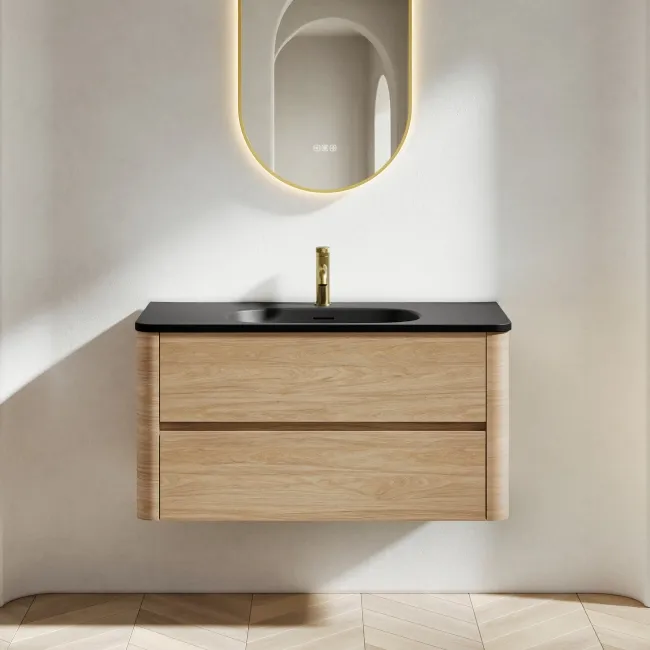 Jerez Country Oak Wall Hung Drawer Vanity with Black Basin 1000mm