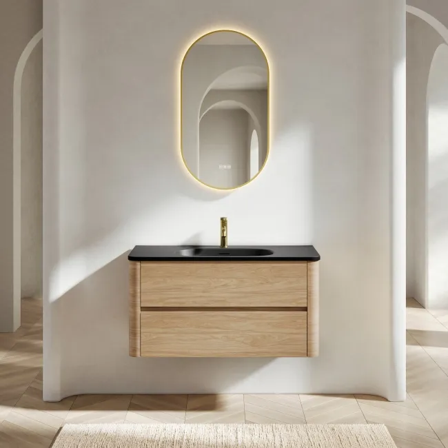 Jerez Country Oak Wall Hung Drawer Vanity with Black Basin 1000mm