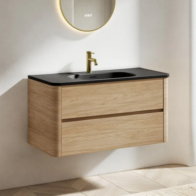 Jerez Country Oak Wall Hung Drawer Vanity with Black Basin 1000mm